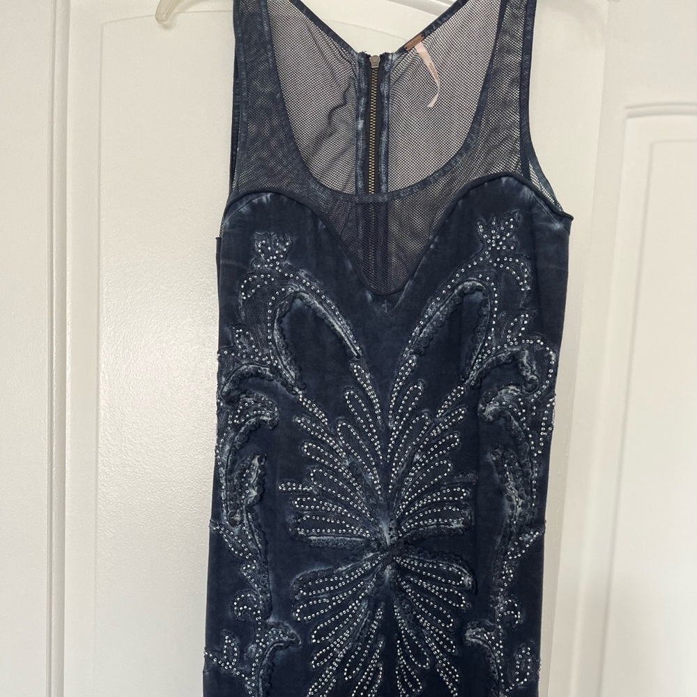 Free People New Times Ice Ice Baby Beaded Blue Mesh Dress w/Mesh Detail. Small.